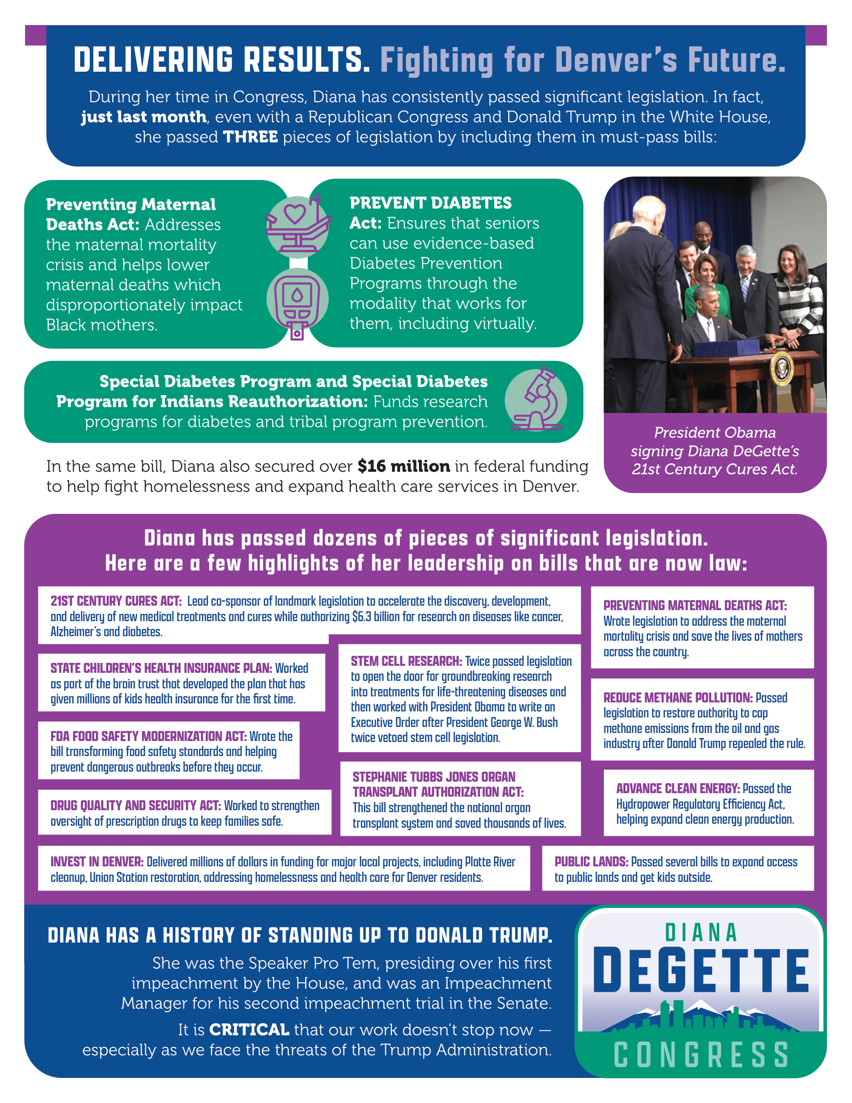  DELIVERING RESULTS. Fighting for Denver’s Future. During her time in Congress, Diana has consistently passed significant legislation. In fact, just last month, even with a Republican Congress and Donald Trump in the White House, she passed THREE pieces of legislation by including them in must-pass bills:     Preventing Maternal Deaths Act: Addresses the maternal mortality crisis and helps lower maternal deaths which disproportionately impact Black mothers. PREVENT DIABETES Act: Ensures that seniors can use evidence-based Diabetes Prevention Programs through the modality that works for them, including virtually.       Special Diabetes Program and Special Diabetes Program for Indians Reauthorization: Funds research programs for diabetes and tribal program prevention. In the same bill, Diana also secured over $16 million in federal funding to help fight homelessness and expand health care services in Denver. President Obama signing Diana DeGette’s 21st Century Cures Act.  Diana has passed dozens of pieces of significant legislation. Here are a few highlights of her leadership on bills that are now law:   21ST CENTURY CURES ACT: Lead co-sponsor of landmark legislation to accelerate the discovery, development, and delivery of new medical treatments and cures while authorizing $6.3 billion for research on diseases like cancer, Alzheimer’s and diabetes. PREVENTING MATERNAL DEATHS ACT: Wrote legislation to address the maternal mortality crisis and save the lives of mothers across the country.  STEM CELL RESEARCH: Twice passed legislation to open the door for groundbreaking research into treatments for life-threatening diseases and then worked with President Obama to write an Executive Order after President George W. Bush twice vetoed stem cell legislation.  STATE CHILDREN’S HEALTH INSURANCE PLAN: Worked as part of the brain trust that developed the plan that has given millions of kids health insurance for the first time.  REDUCE METHANE POLLUTION: Passed legislation to restore authority to cap methane emissions from the oil and gas industry after Donald Trump repealed the rule.  FDA FOOD SAFETY MODERNIZATION ACT: Wrote the bill transforming food safety standards and helping prevent dangerous outbreaks before they occur.  STEPHANIE TUBBS JONES ORGAN TRANSPLANT AUTHORIZATION ACT: This bill strengthened the national organ transplant system and saved thousands of lives.  ADVANCE CLEAN ENERGY: Passed the Hydropower Regulatory Efficiency Act, helping expand clean energy production.  DRUG QUALITY AND SECURITY ACT: Worked to strengthen oversight of prescription drugs to keep families safe.   INVEST IN DENVER: Delivered millions of dollars in funding for major local projects, including Platte River cleanup, Union Station restoration, addressing homelessness and health care for Denver residents. PUBLIC LANDS: Passed several bills to expand access to public lands and get kids outside.   DIANA HAS A HISTORY OF STANDING UP TO DONALD TRUMP. She was the Speaker Pro Tem, presiding over his first impeachment by the House, and was an Impeachment Manager for his second impeachment trial in the Senate. It is CRITICAL that our work doesn’t stop now — especially as we face the threats of the Trump Administration.   